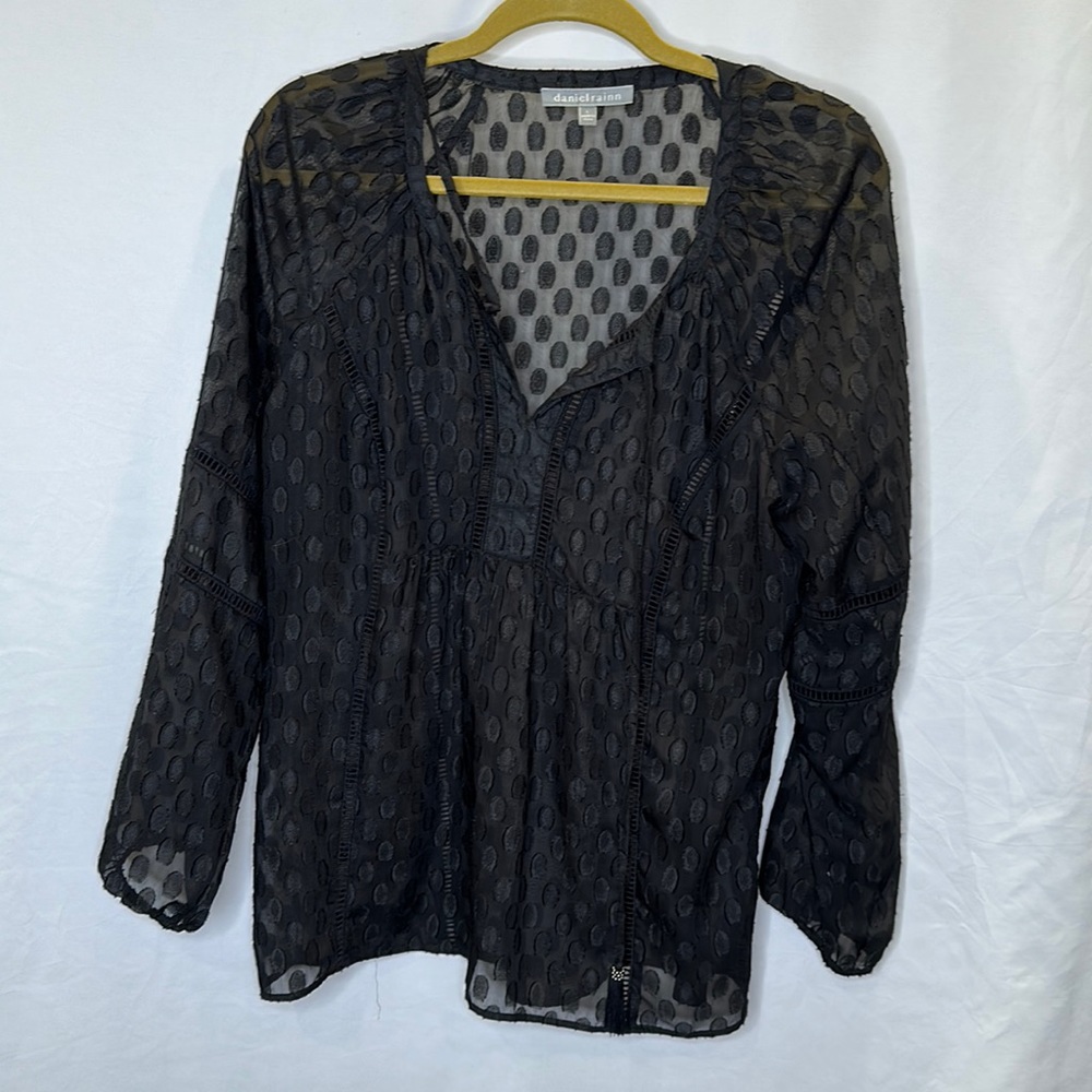 Daniel Rainn Black dotted, Sheer pop on blouse. Vneck, long sleeves. EUC.  Sz L